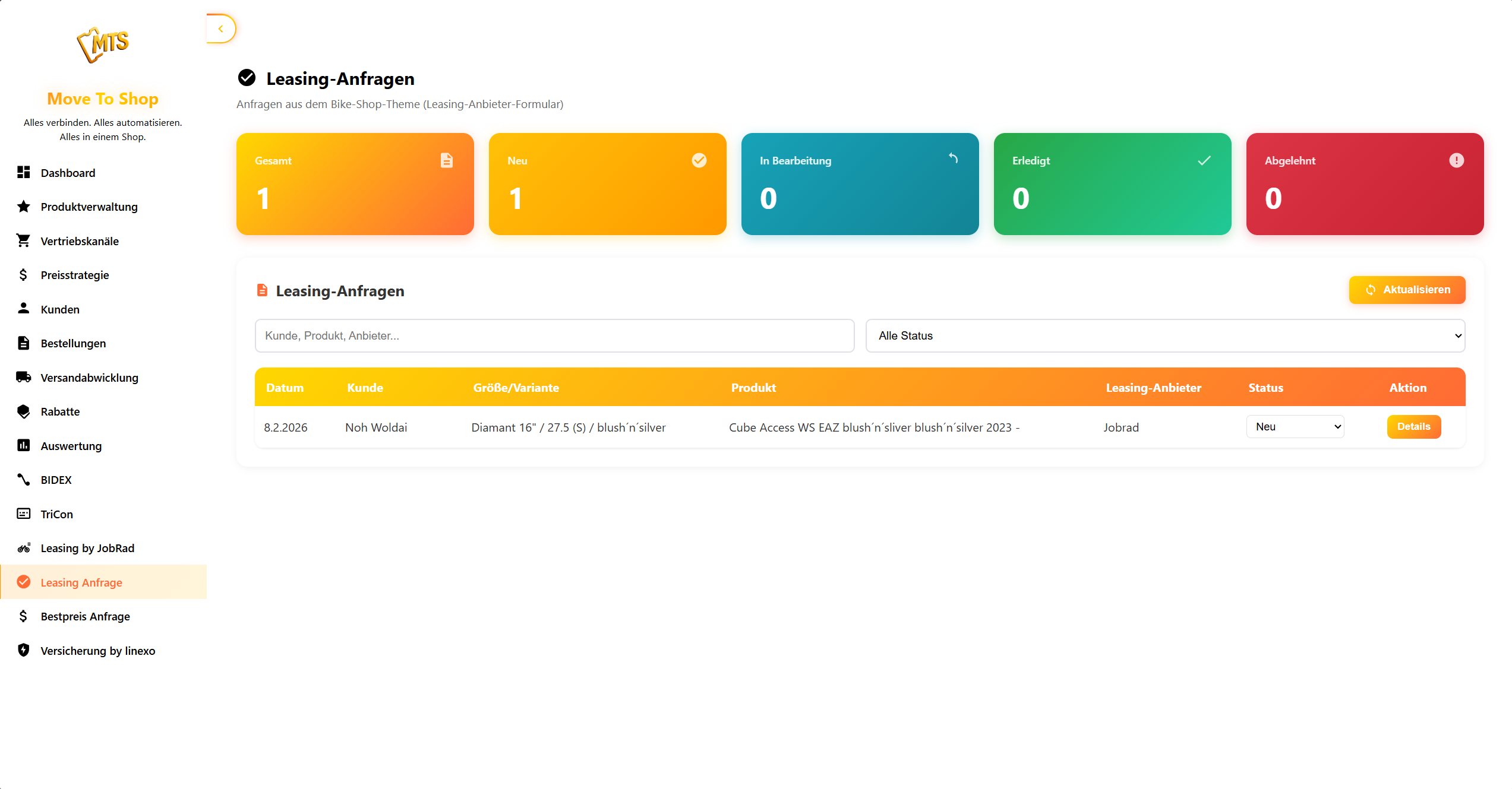 Leasing-Anfragen-Verwaltung im Move To Shop Dashboard